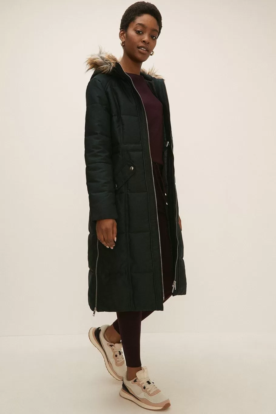 Oasis Pu Trimmed Cotton Sateen Maxi Coat Navy Clearance