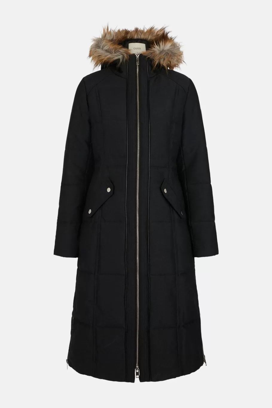 Oasis Pu Trimmed Cotton Sateen Maxi Coat Navy Clearance