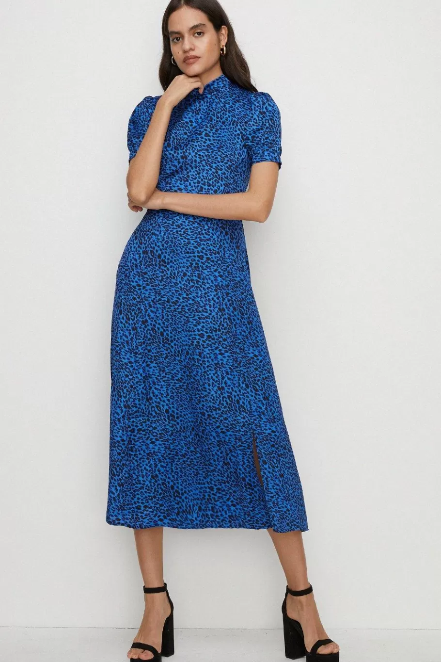 Oasis Puff Sleeve Animal Split Front Midi Dress Cobalt Online