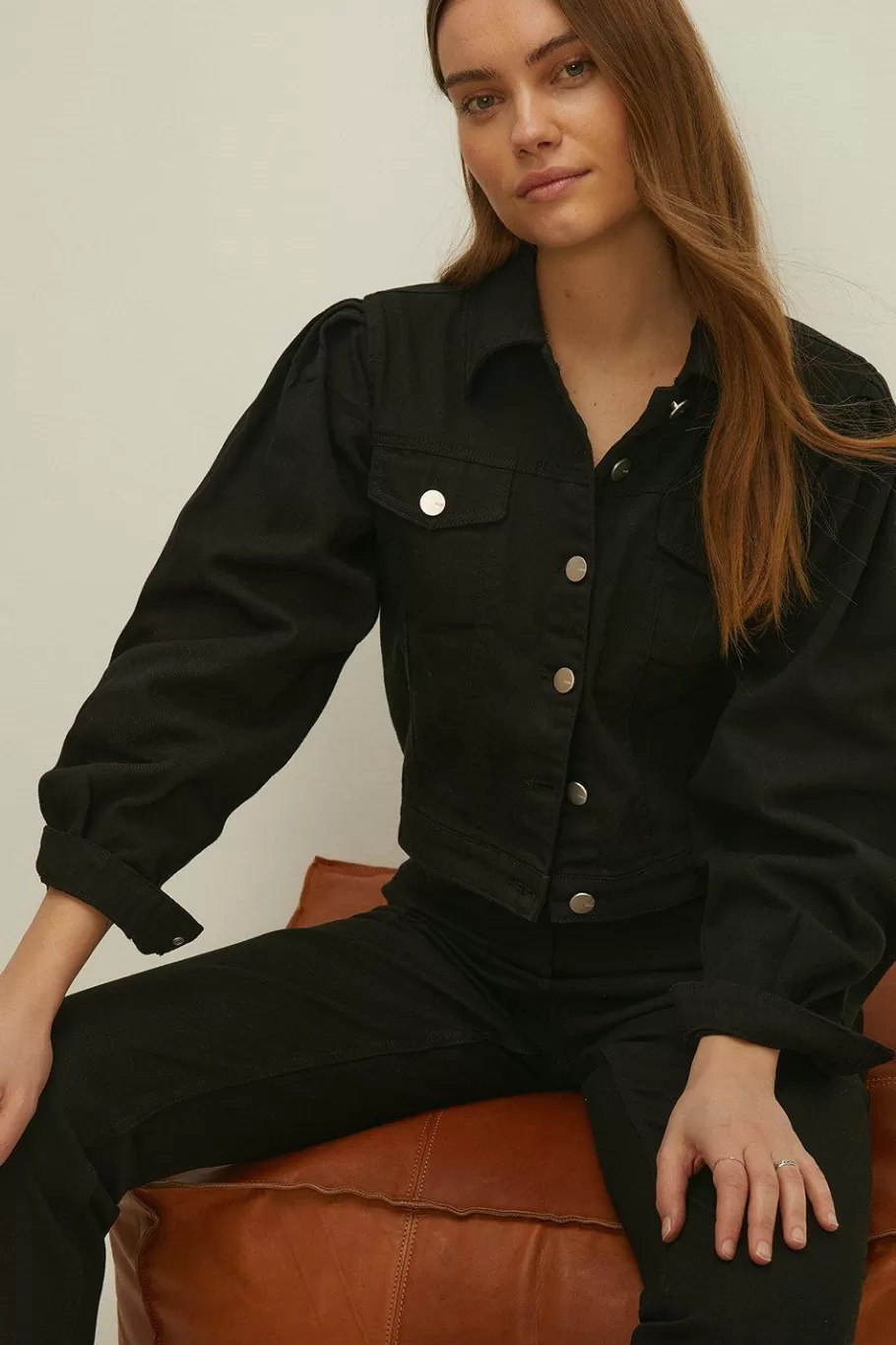 Oasis Puff Sleeve Cropped Denim Jacket Black Online