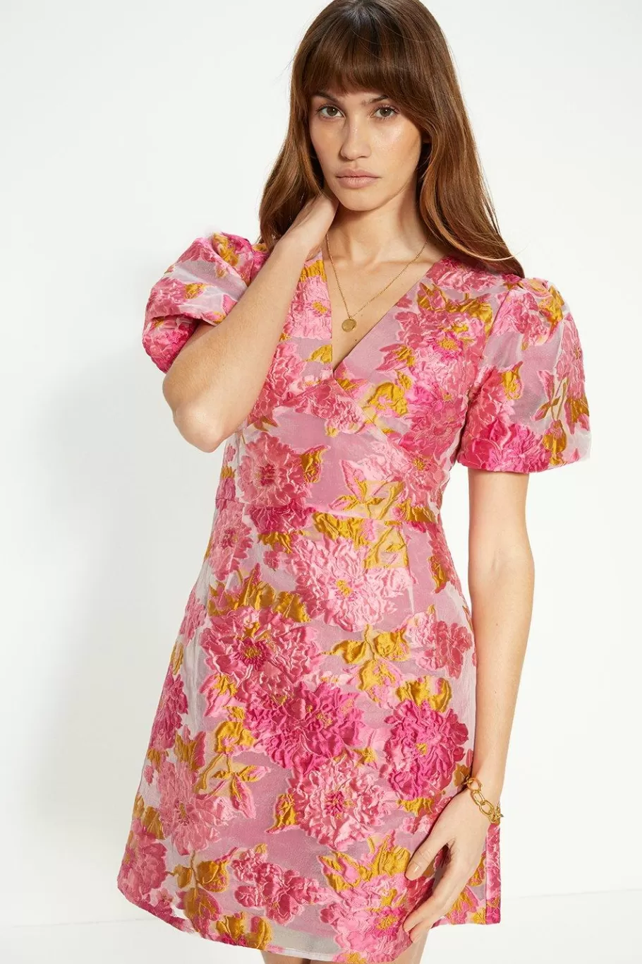 Oasis Puff Sleeve Floral Jacquard Mini Dress Pink Hot