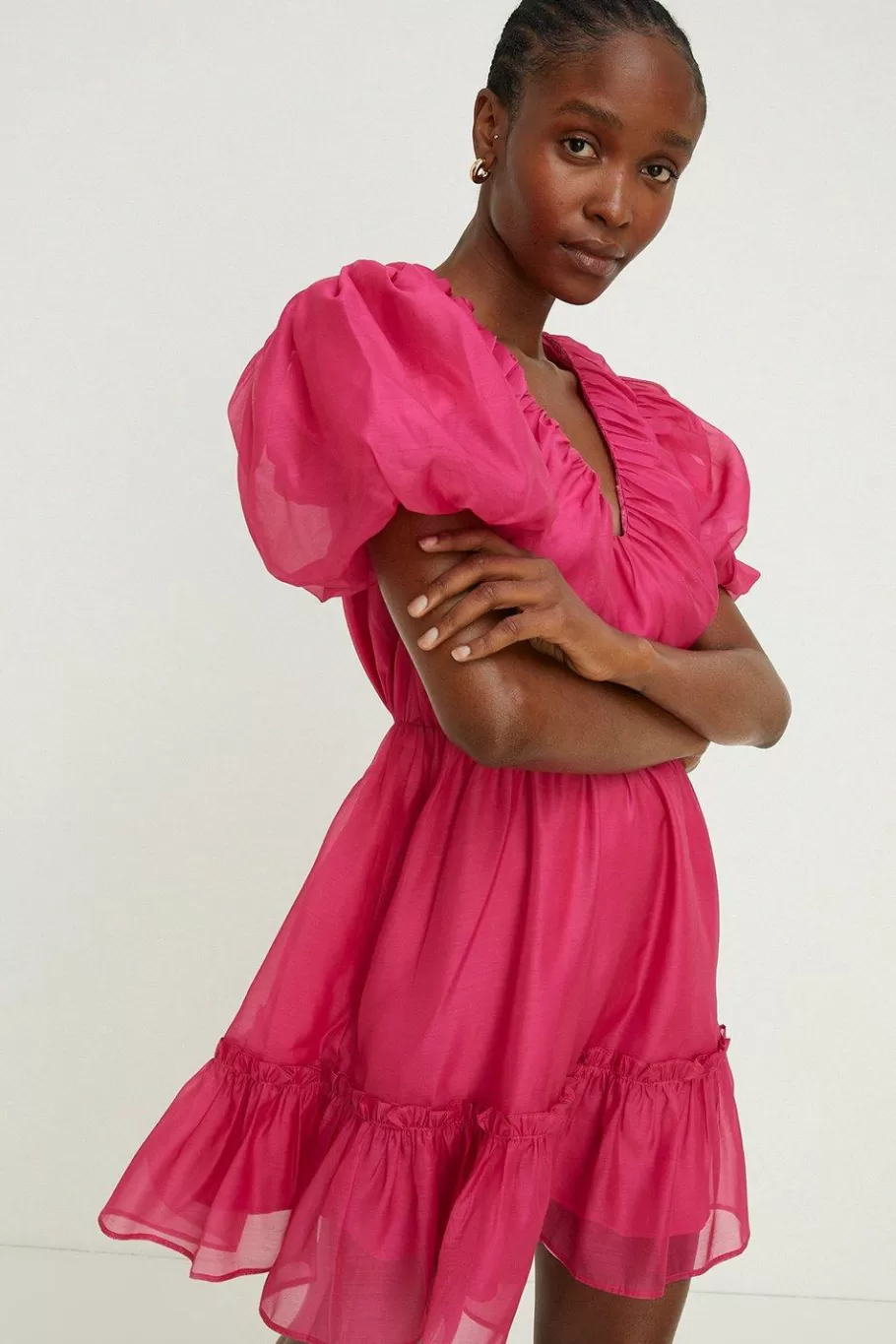 Oasis Puff Sleeve Plunge Neck Organza Mini Dress Hot Pink Hot