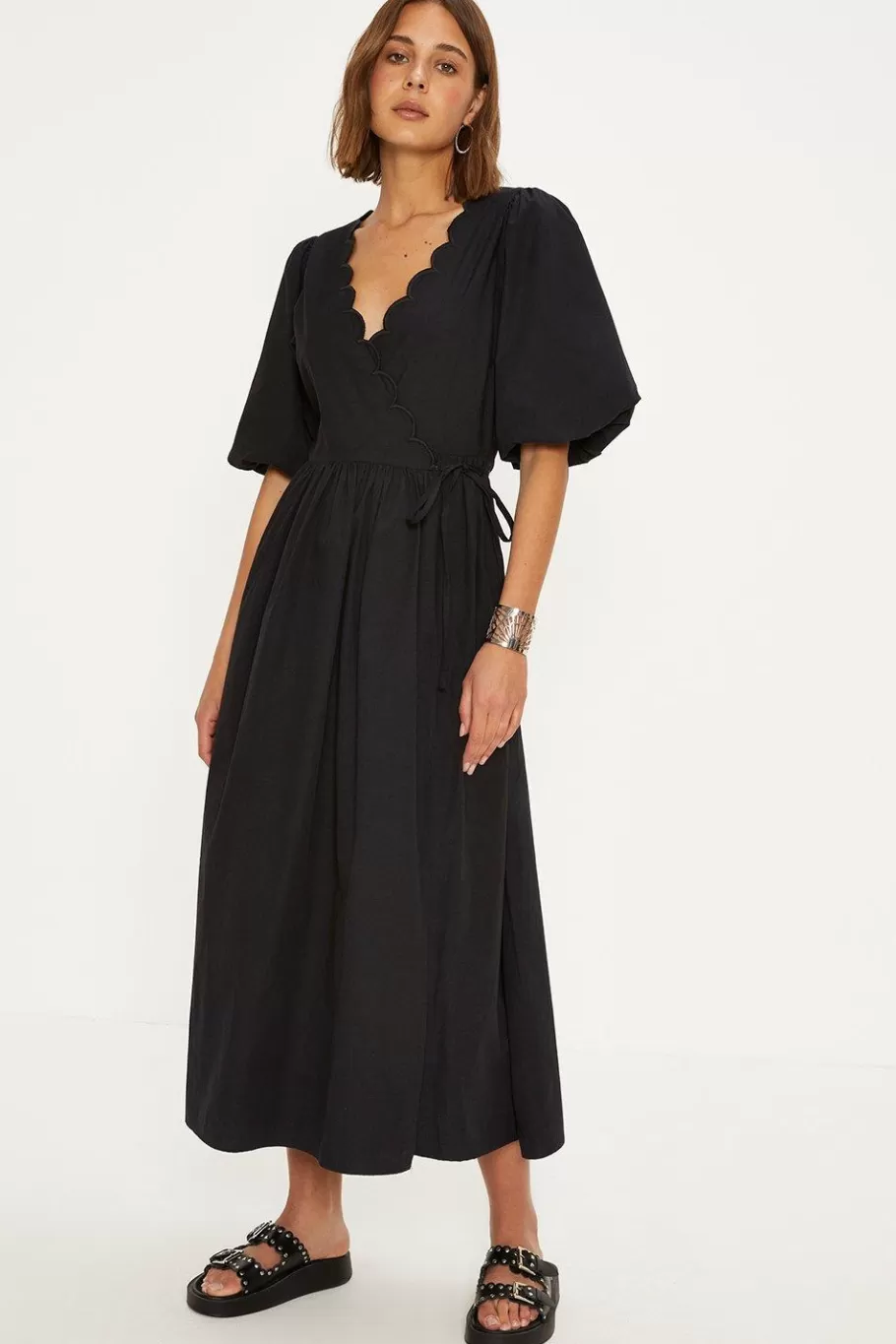 Oasis Puff Sleeve Scallop Wrap Midi Dress Black Cheap