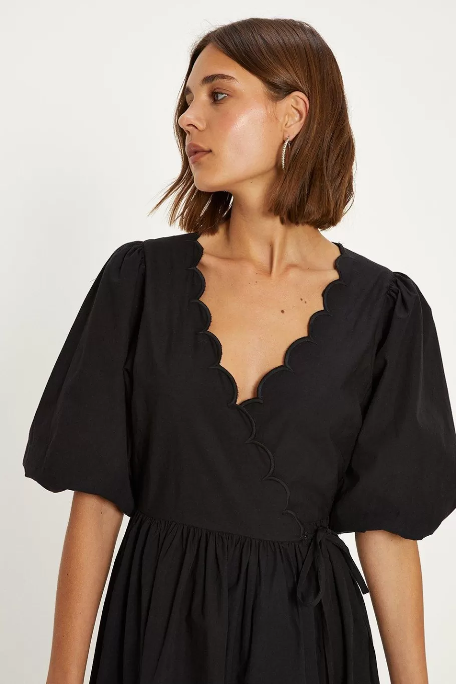 Oasis Puff Sleeve Scallop Wrap Midi Dress Black Cheap