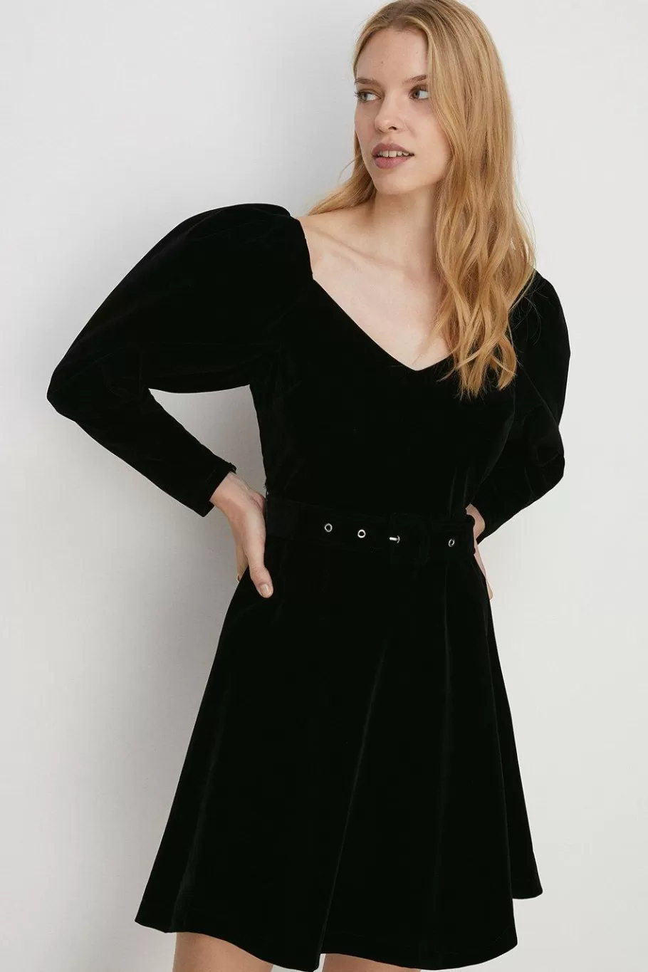 Oasis Puff Sleeve Velvet Belted Skater Dress Black Discount