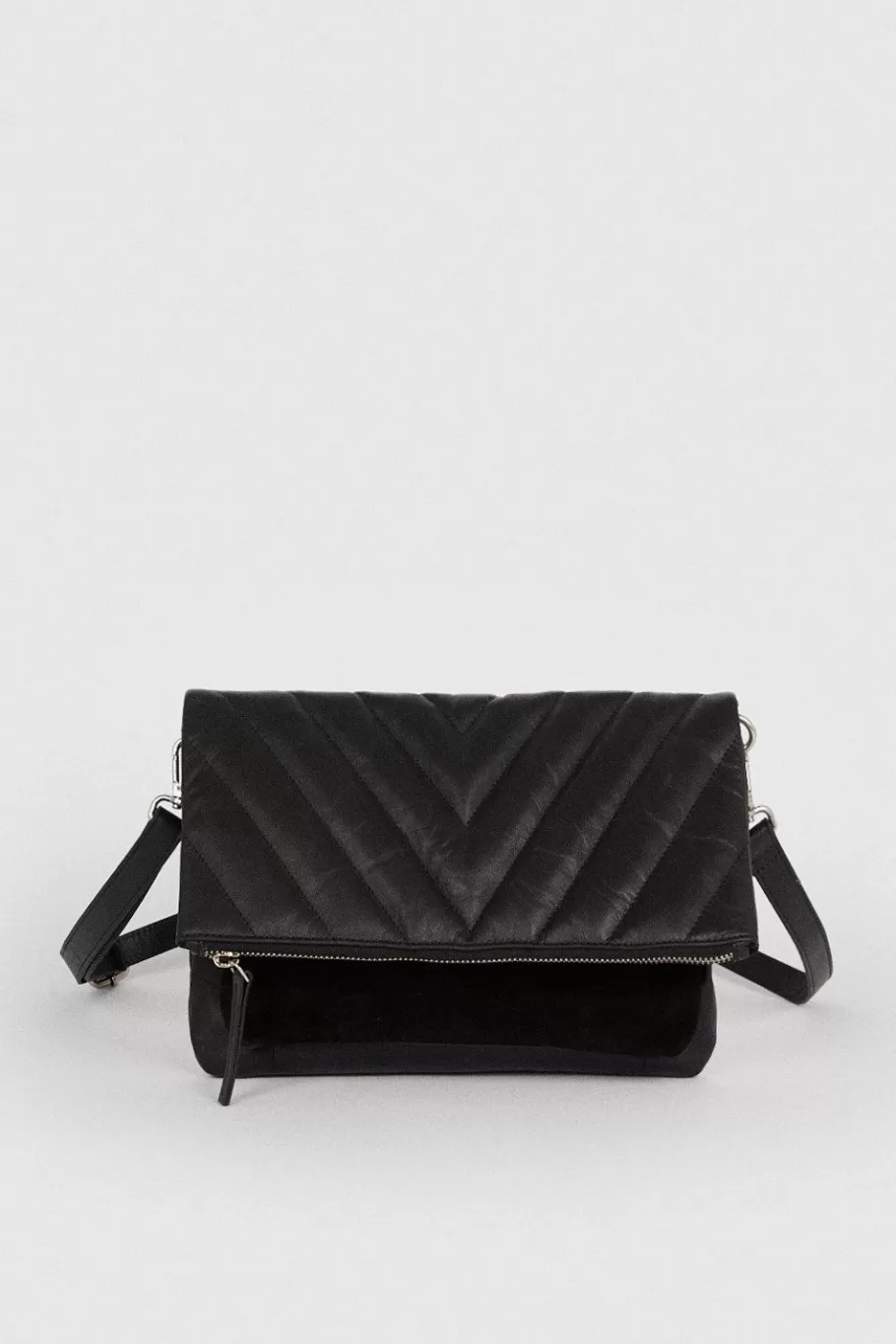 Oasis Quilted Leather And Suede Pocket Detail Cross Body Bag Black Fashion