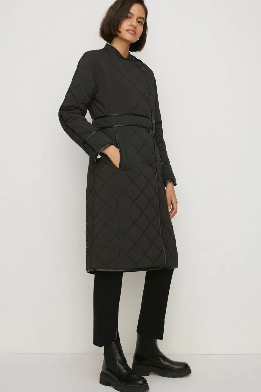 Oasis Quilted Longline Belted Coat Black Fashion