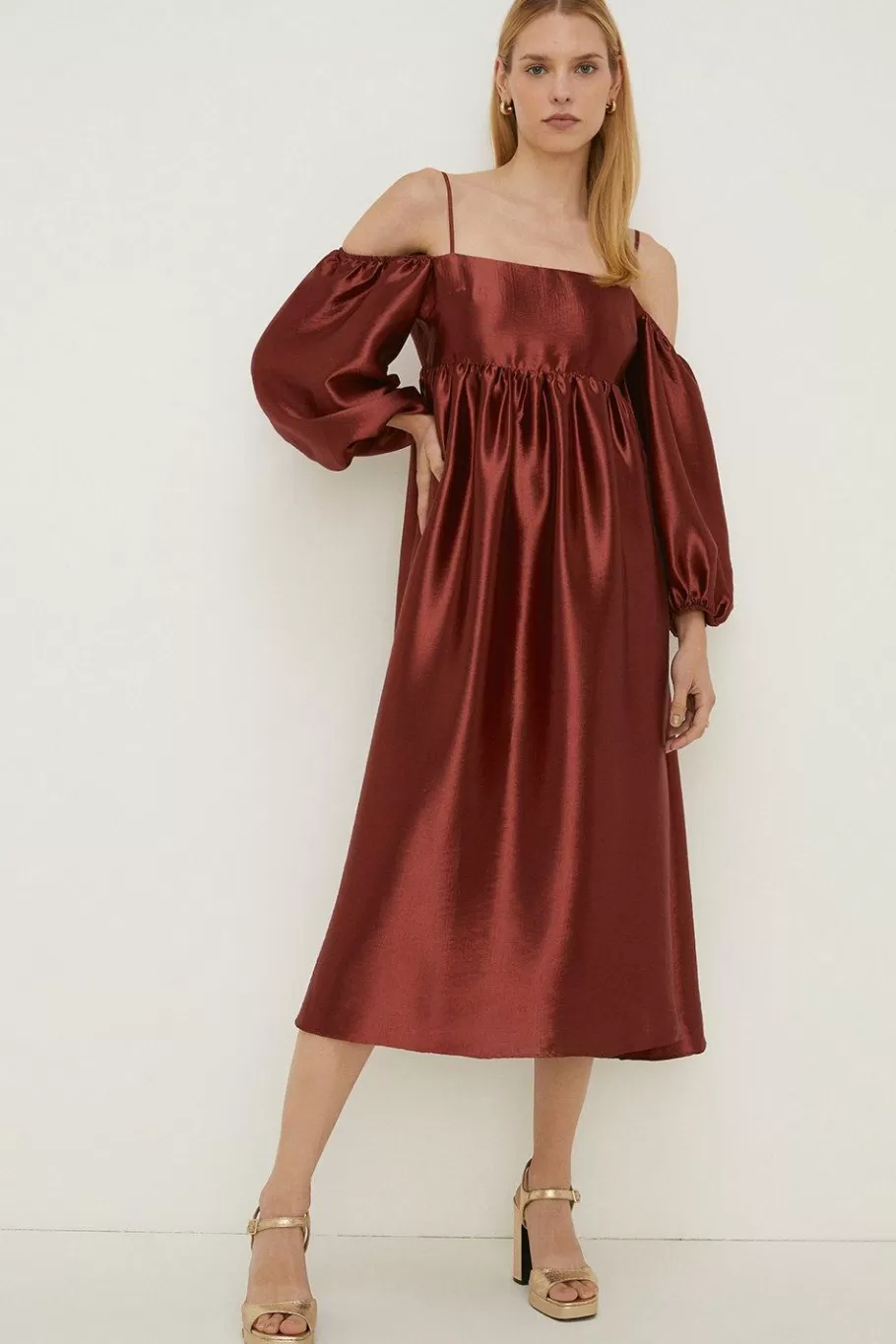 Oasis Rachel Stevens Cold Shoulder Satin Dress Rust Hot