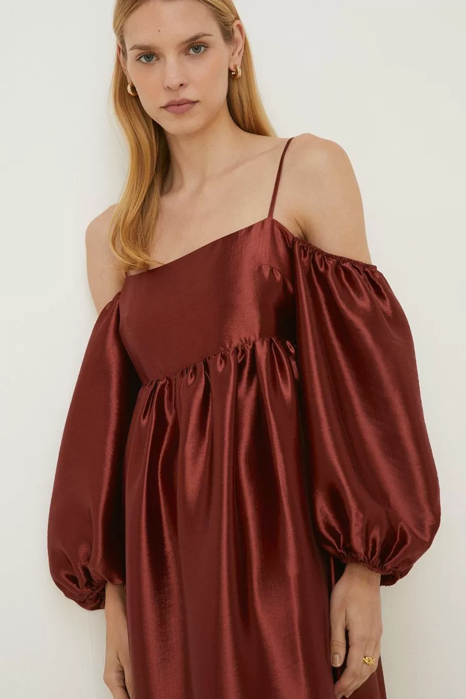 Oasis Rachel Stevens Cold Shoulder Satin Dress Rust Hot