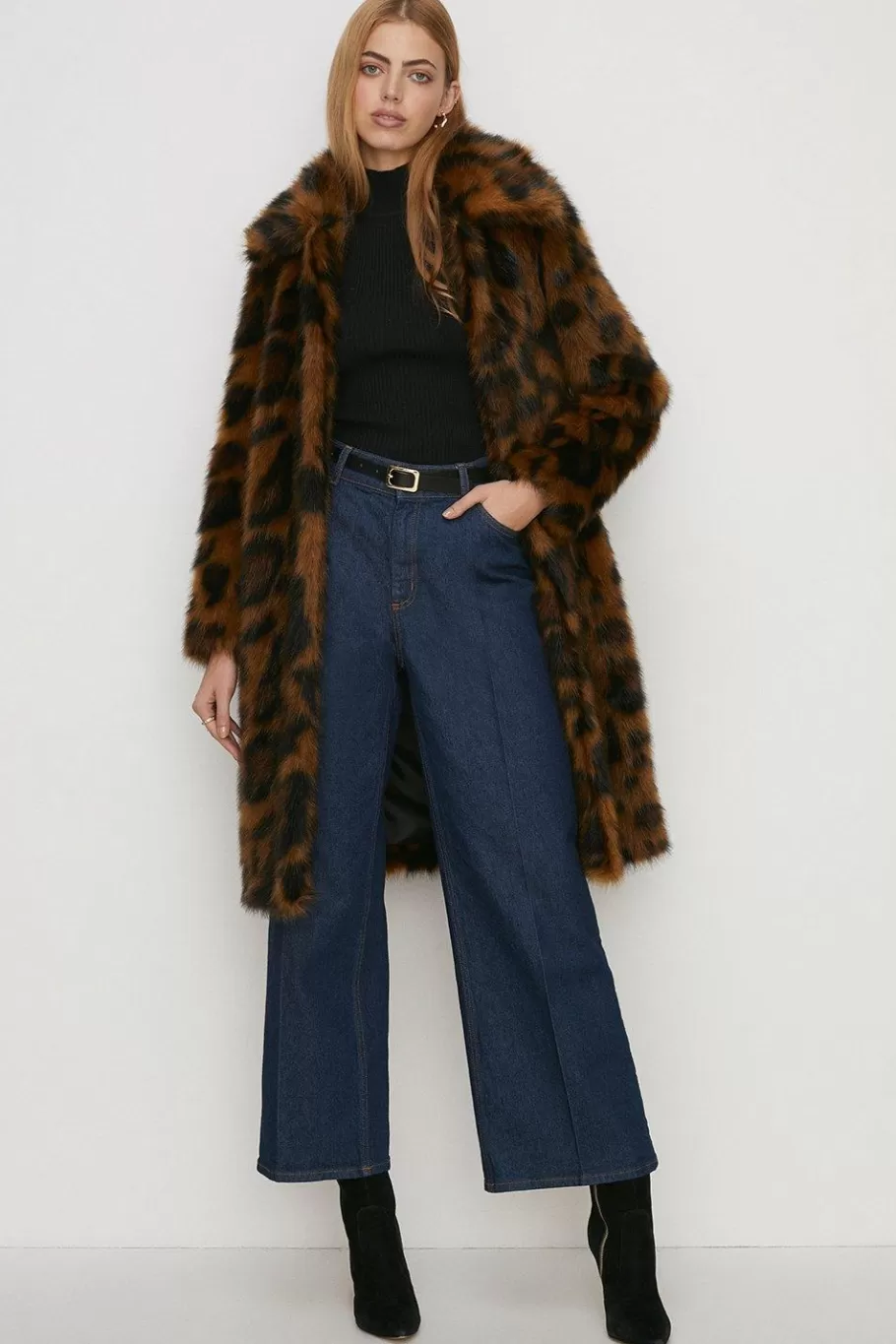 Oasis Rachel Stevens Collared Longline Animal Faux Fur Coat Brown Flash Sale