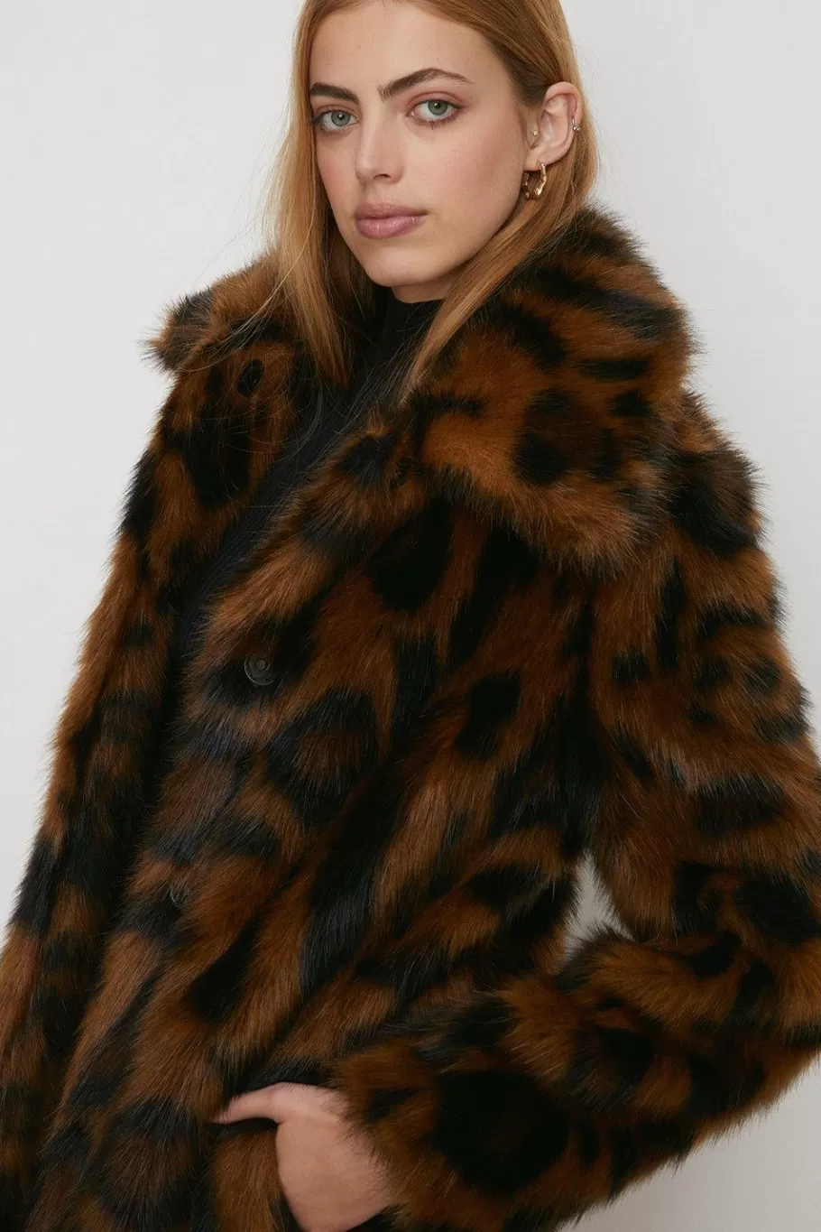 Oasis Rachel Stevens Collared Longline Animal Faux Fur Coat Brown Flash Sale