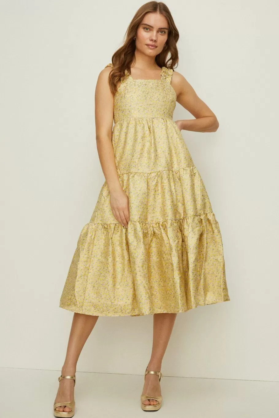 Oasis Rachel Stevens Ditsy Metallic Jacquard Midi Dress Lemon Hot