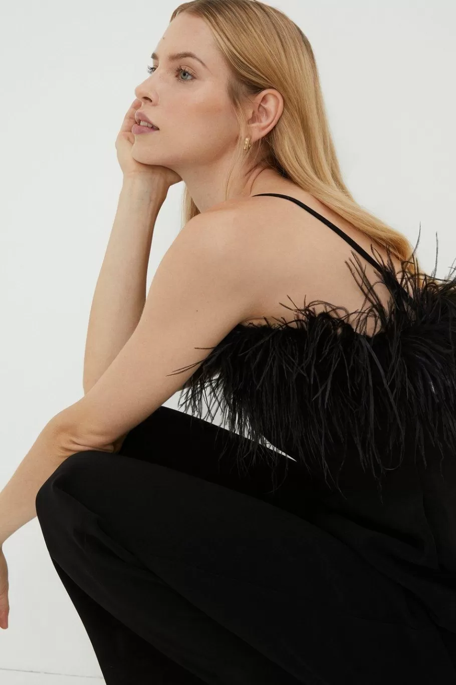 Oasis Rachel Stevens Faux Feather Detail Bardot Jumpsuit Black Sale