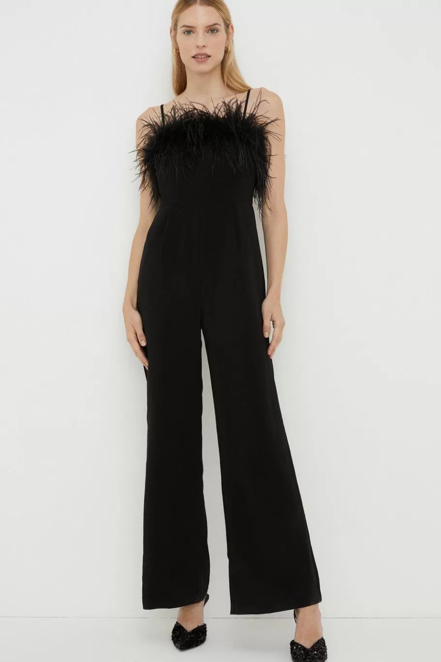 Oasis Rachel Stevens Faux Feather Detail Bardot Jumpsuit Black Sale