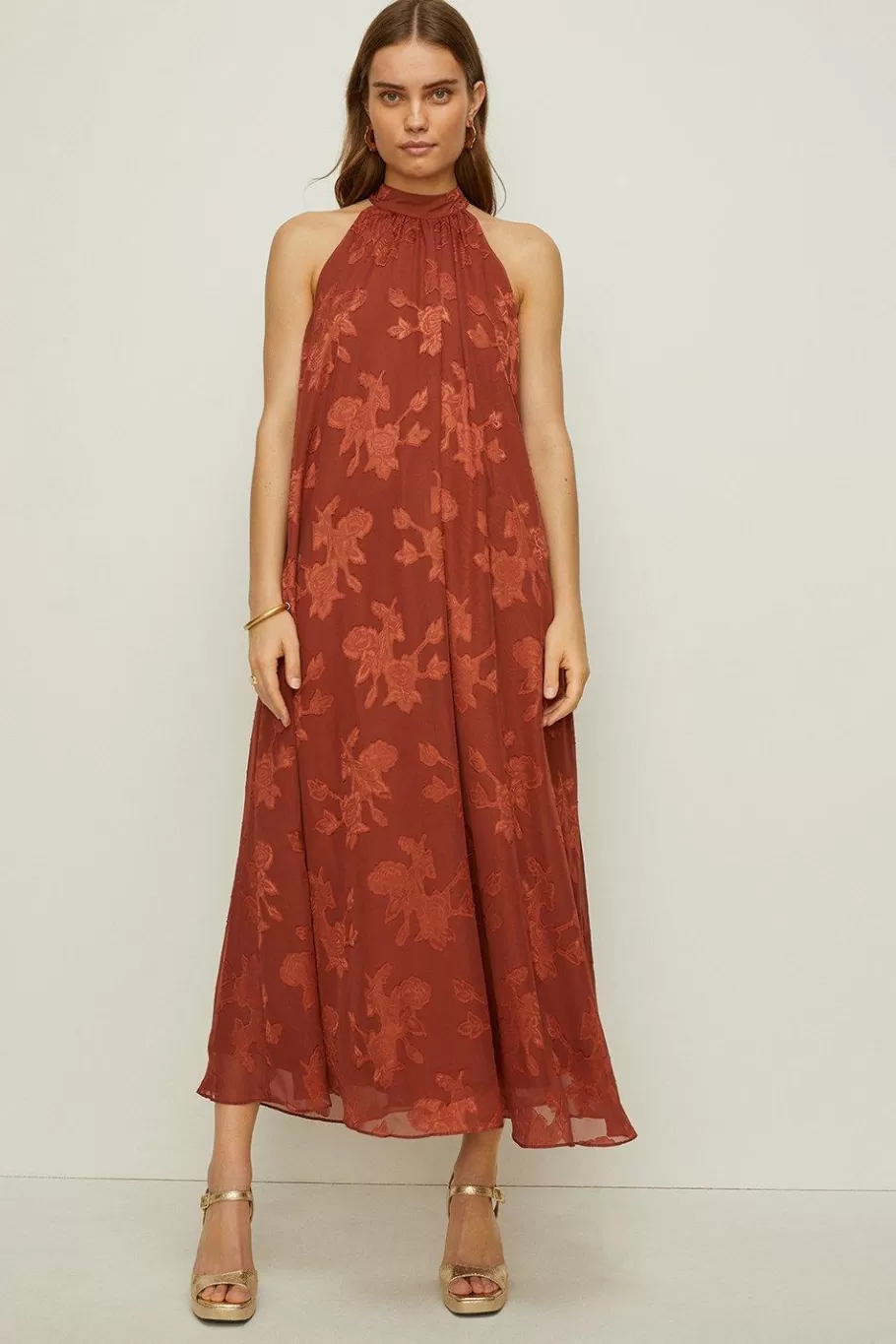 Oasis Rachel Stevens Floral Burnout Maxi Dress Rust Discount