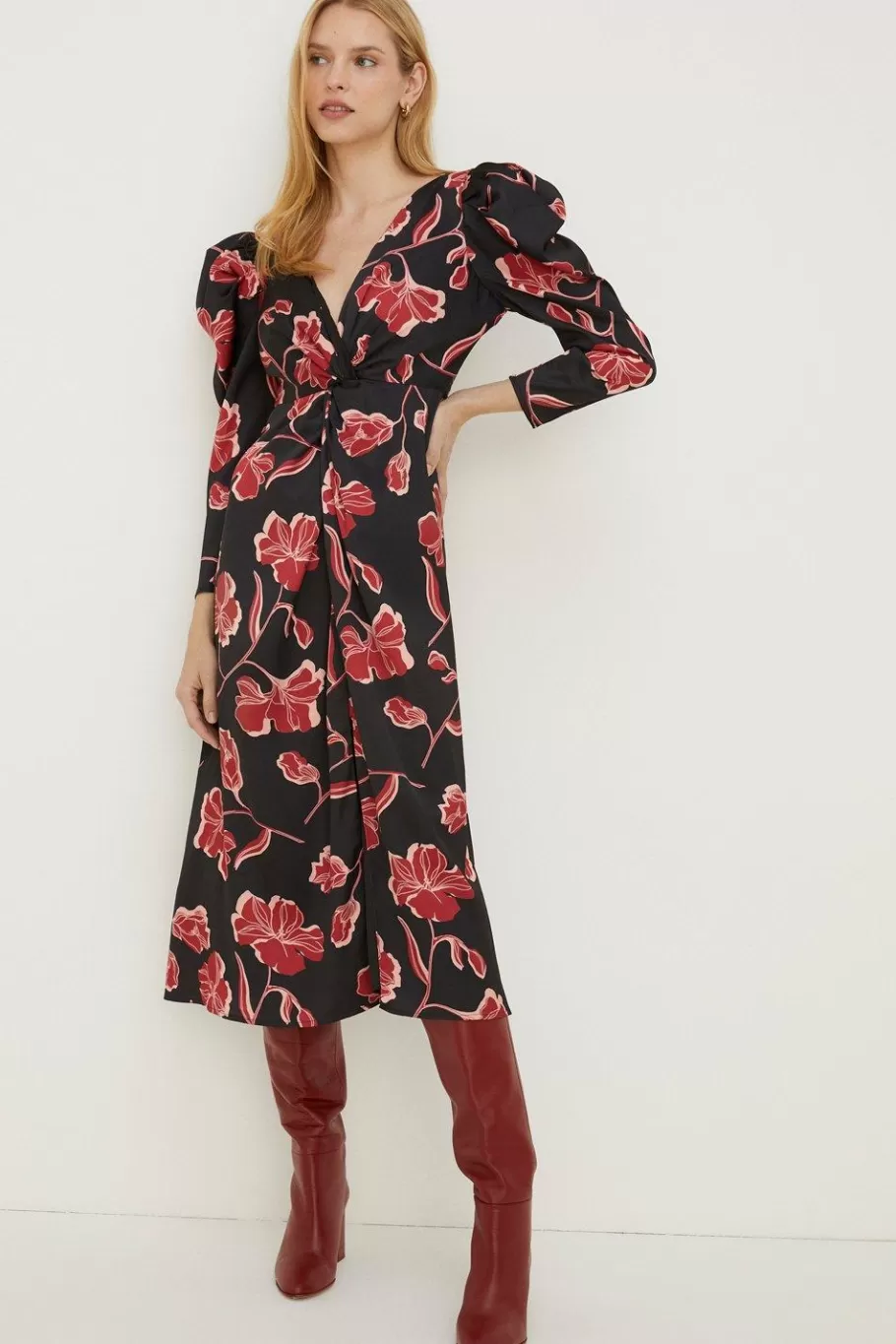 Oasis Rachel Stevens Floral Twist Satin Midi Dress Black Best Sale