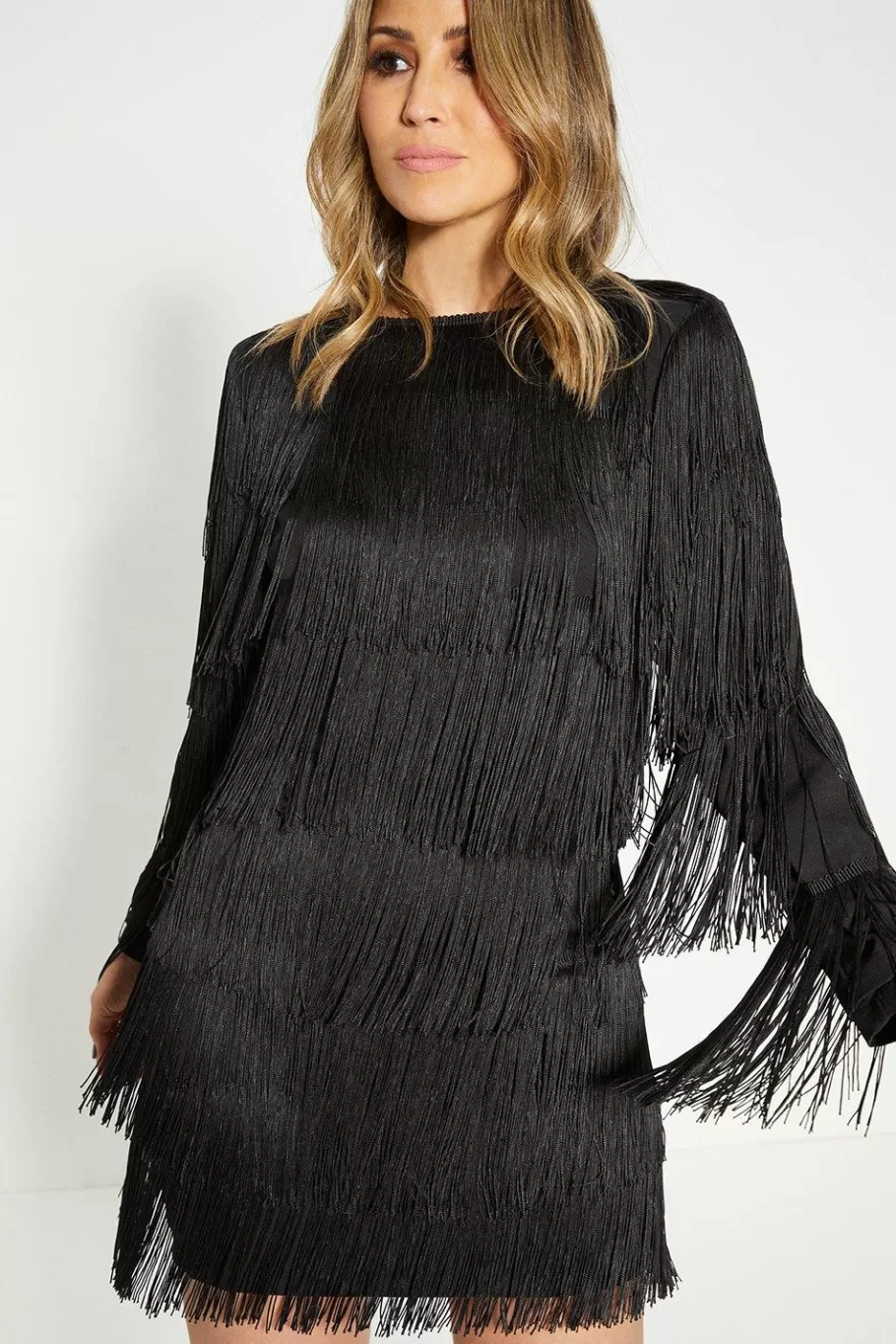 Oasis Rachel Stevens Fringed Long Sleeve Mini Dress Black New