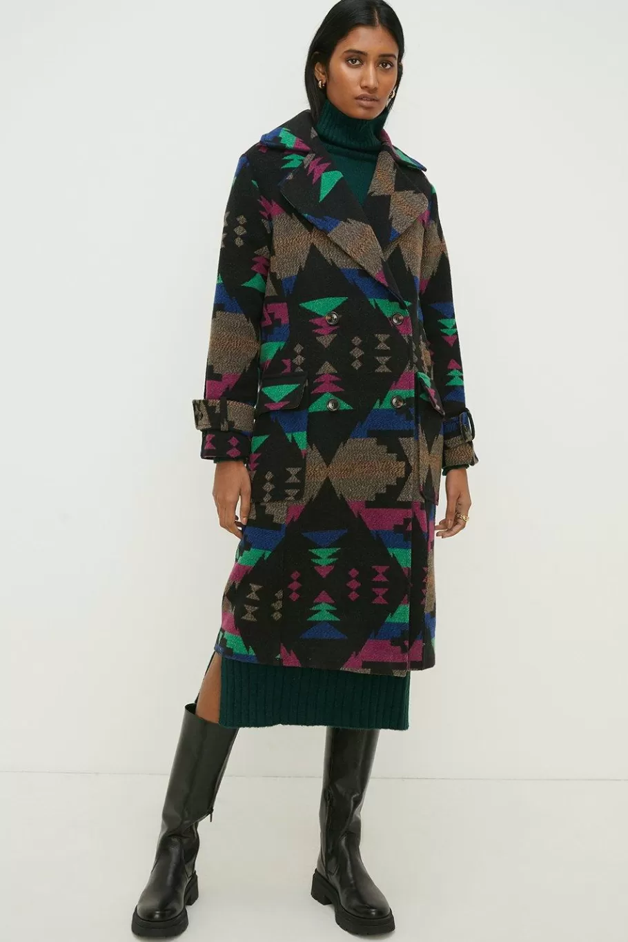 Oasis Rachel Stevens Italian Wool Mix Aztec Longline Coat Mono Sale