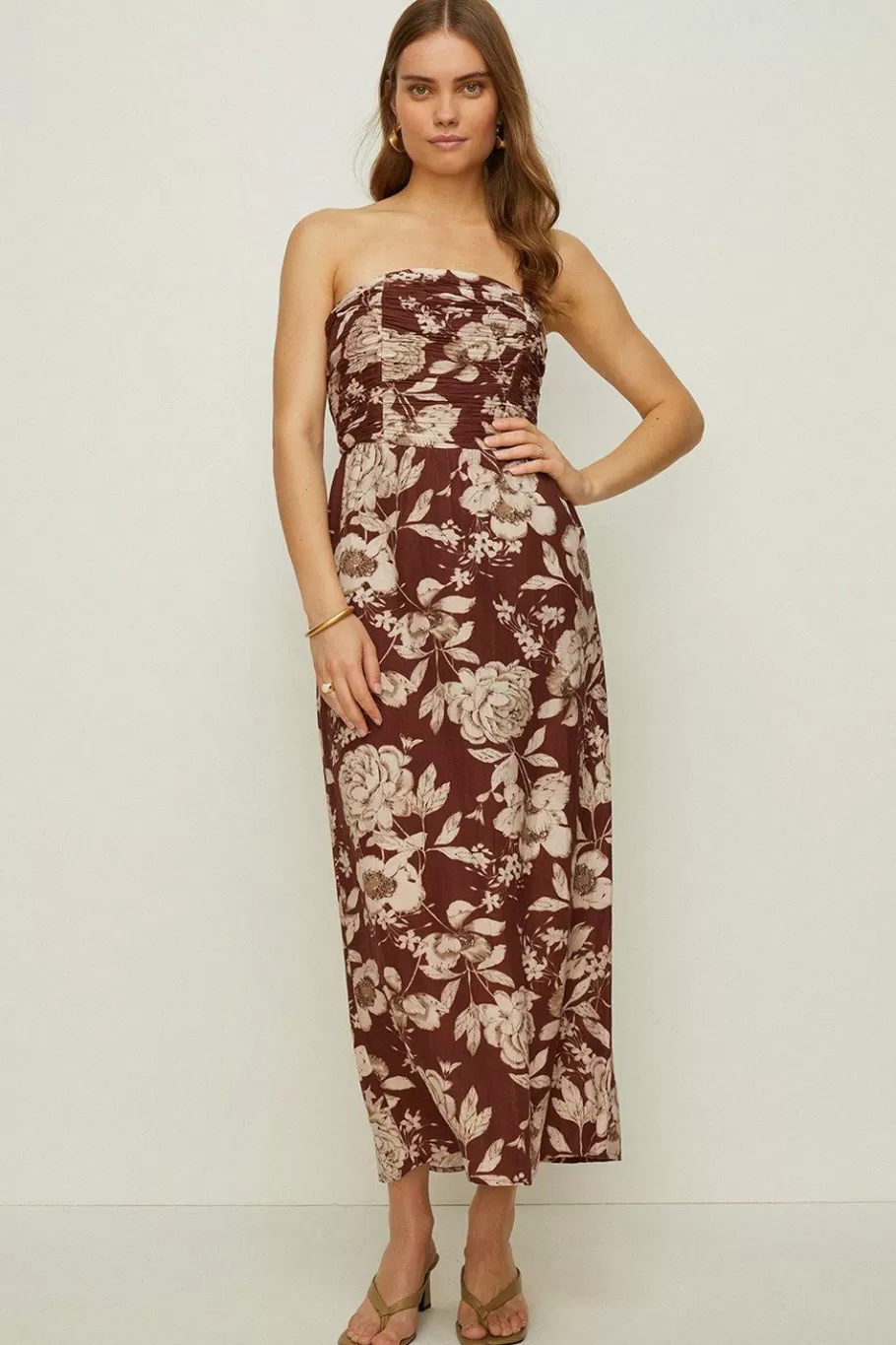 Oasis Rachel Stevens Linen Mix Bandeau Midi Dress Chocolate Best