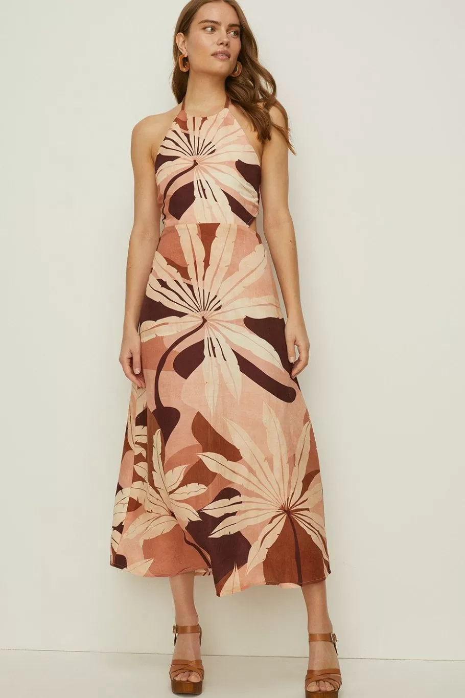 Oasis Rachel Stevens Linen Mix Palm Midi Dress Brown Flash Sale