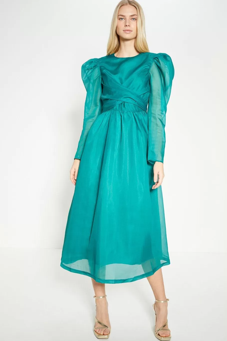 Oasis Rachel Stevens Organza Wrap Front Detailed Midi Dress Green Cheap