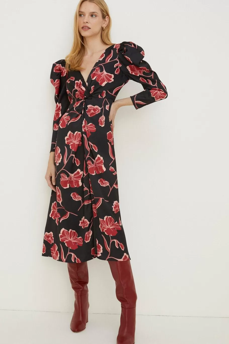 Oasis Rachel Stevens Petite Floral Twist Satin Midi Dress Black Flash Sale