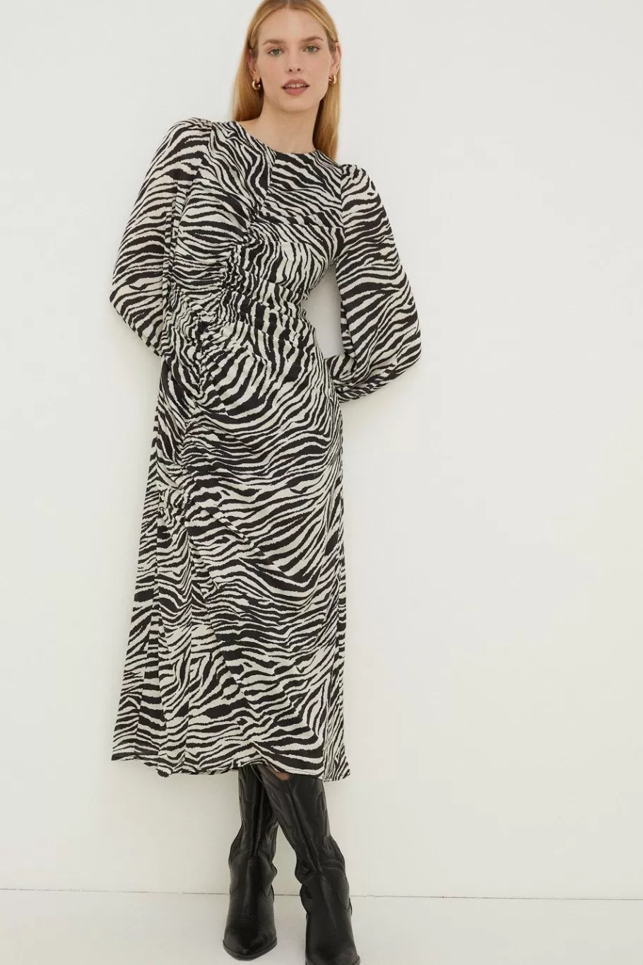 Oasis Rachel Stevens Petite Printed Ruched Front Midi Dress Zebra Outlet