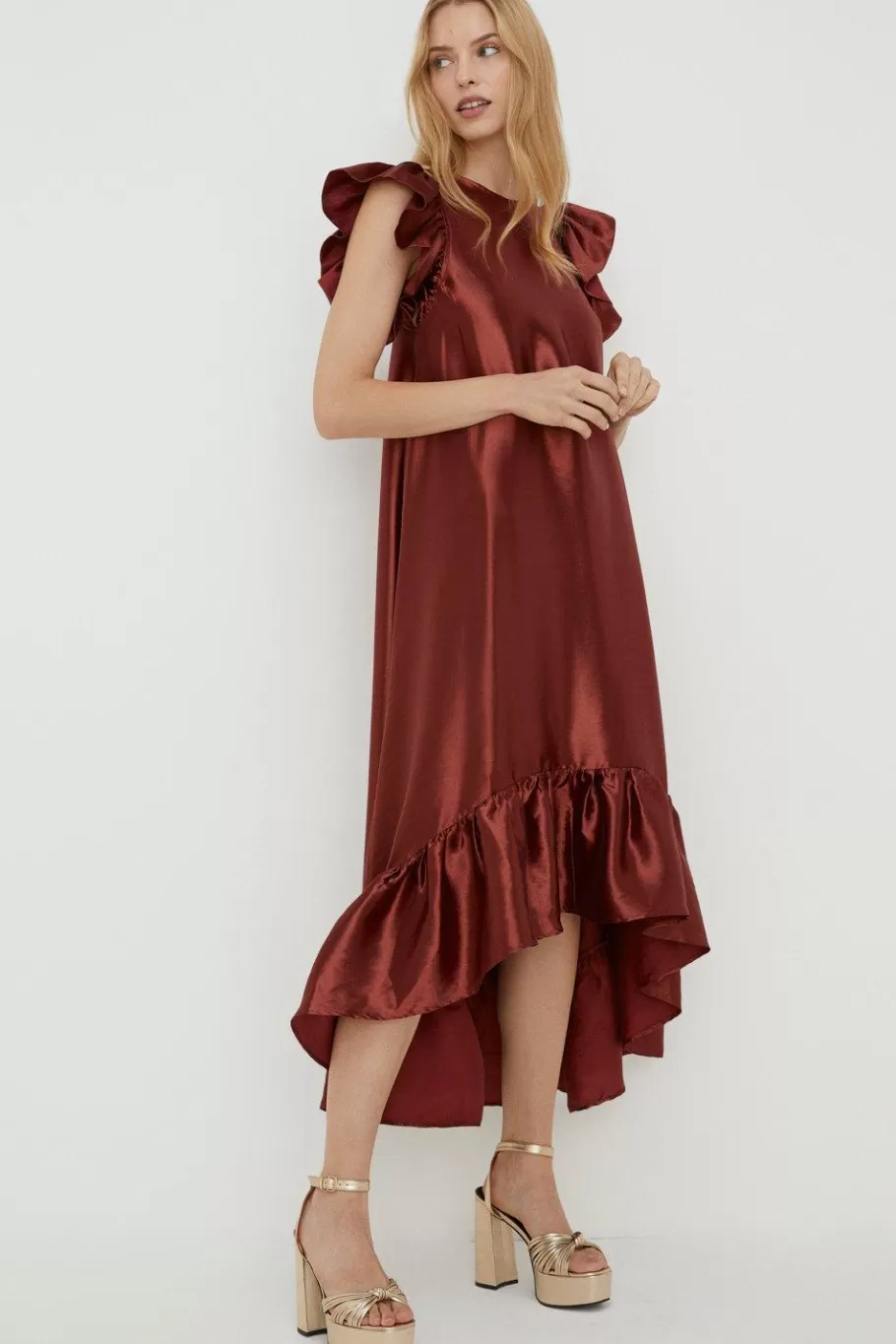 Oasis Rachel Stevens Petite Satin Twill Ruffle Hem Midi Dress Copper Shop