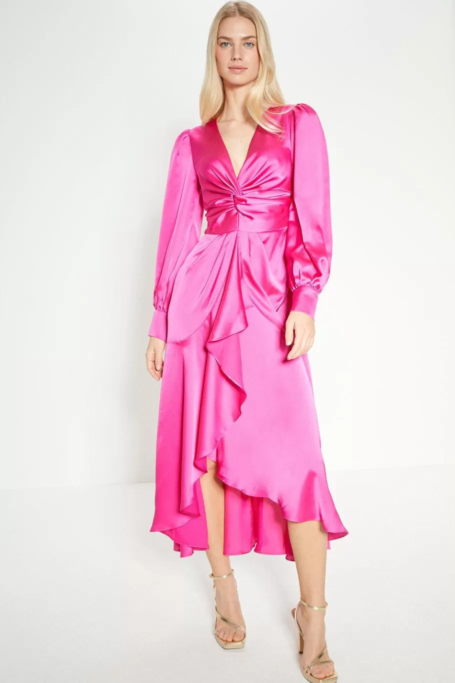 Oasis Rachel Stevens Petite Satin Twist Front Draped Midi Dress Pink Outlet