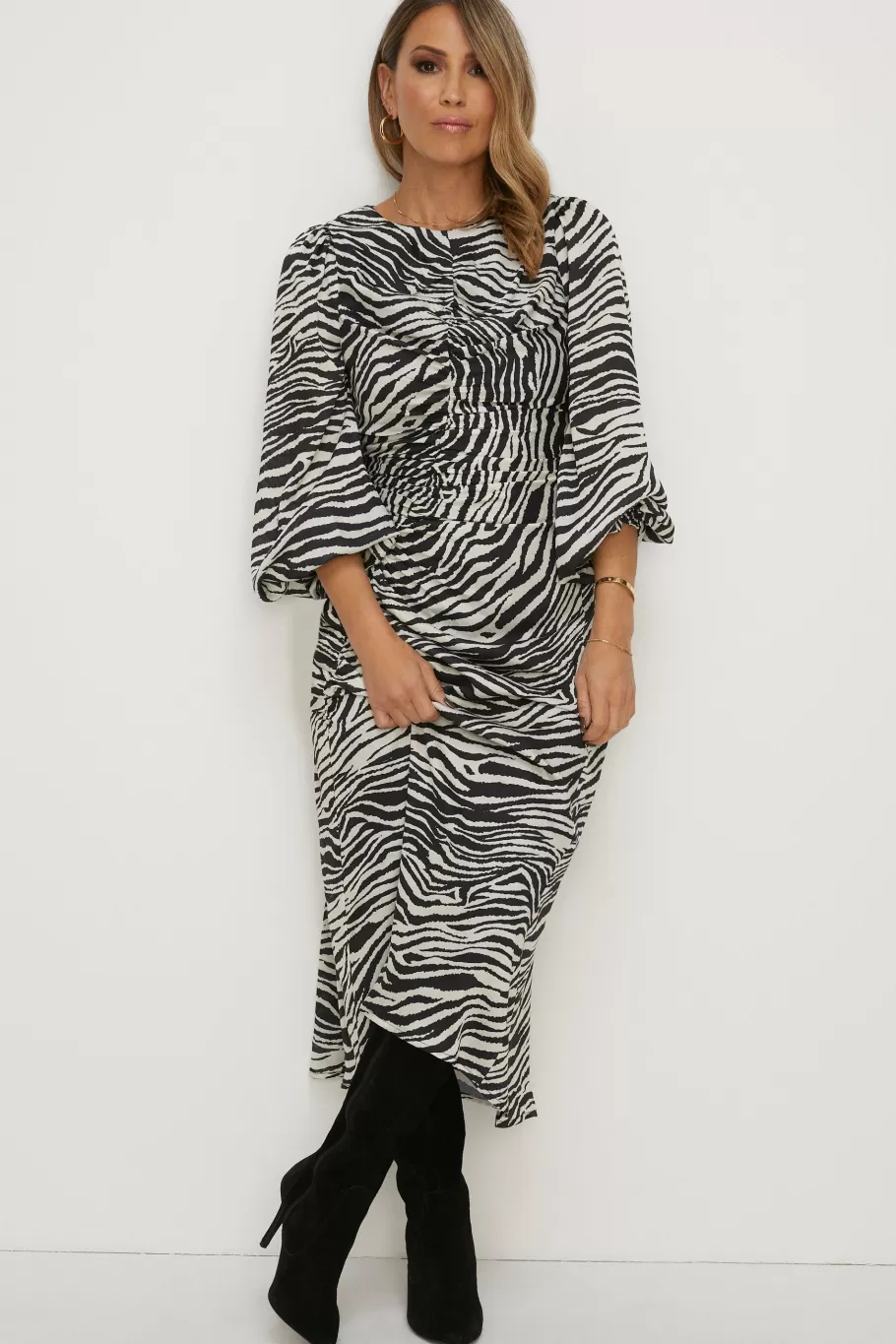 Oasis Rachel Stevens Printed Ruched Front Midi Dress Zebra Discount