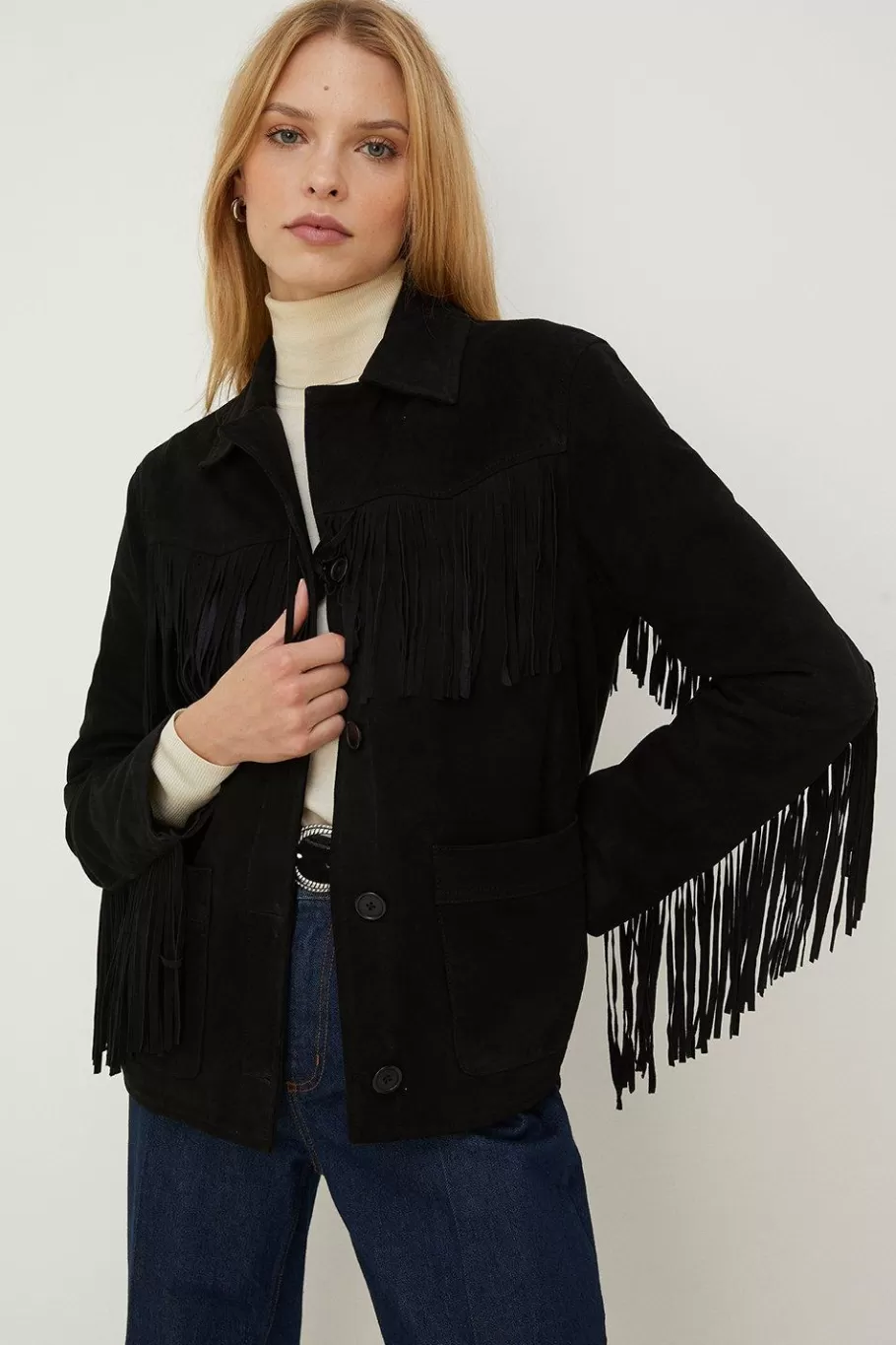 Oasis Rachel Stevens Real Suede Fringe Jacket Black Store