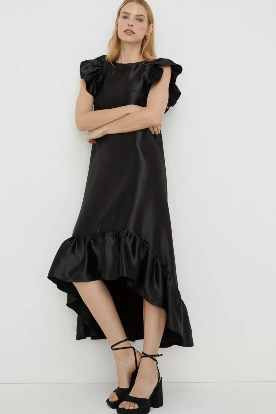 Oasis Rachel Stevens Satin Twill Ruffle Hem Midi Dress Black Hot