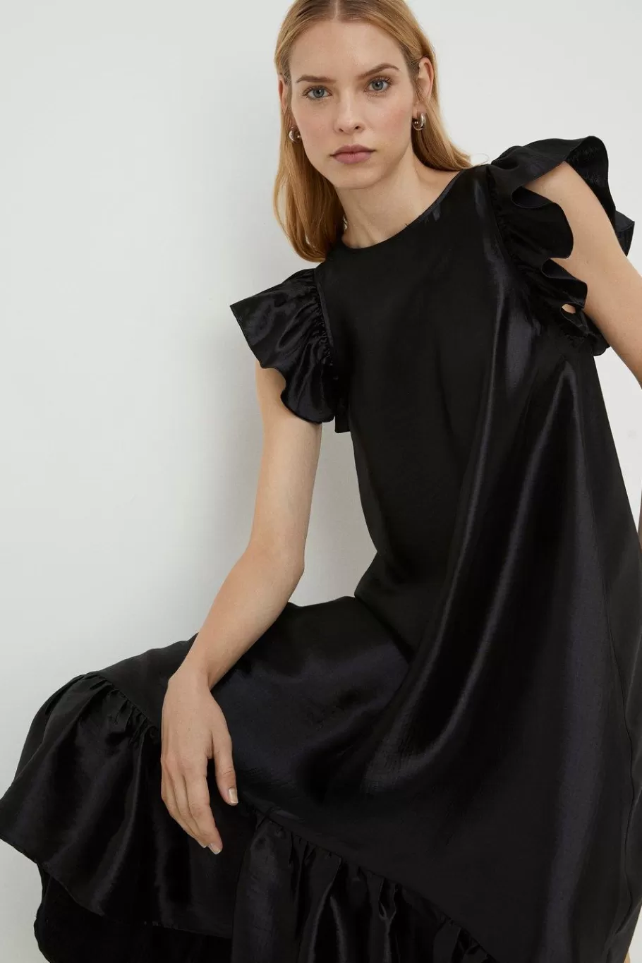 Oasis Rachel Stevens Satin Twill Ruffle Hem Midi Dress Black Hot