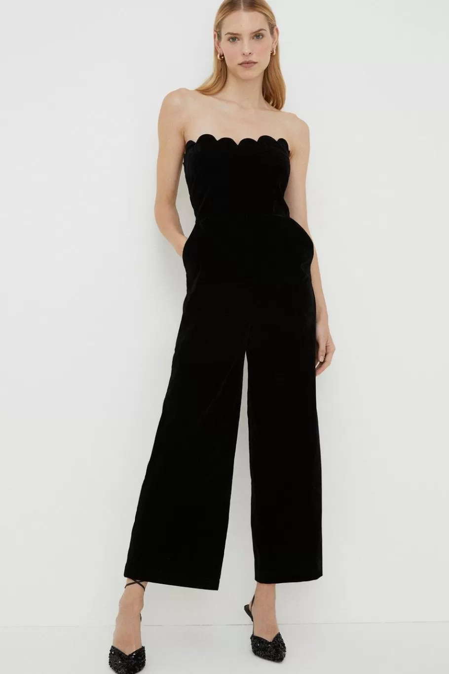 Oasis Rachel Stevens Scallop Edge Velvet Jumpsuit Black Flash Sale