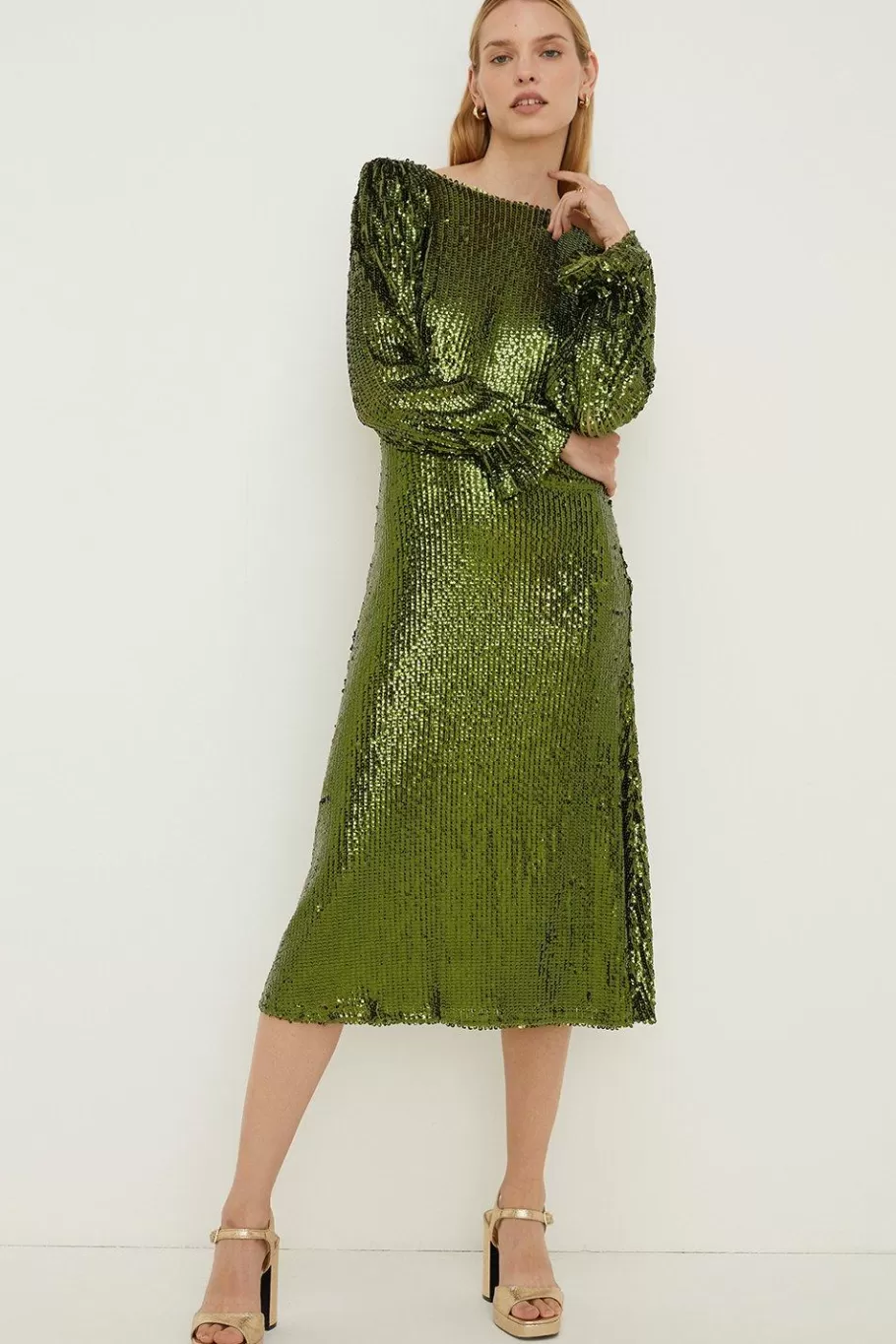 Oasis Rachel Stevens Sequin V Back Long Sleeve Midi Dress Green Shop