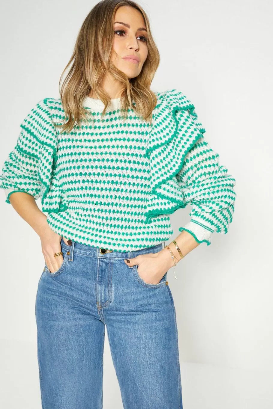 Oasis Rachel Stevens Stripe Ruffle Detail Jumper Green Outlet