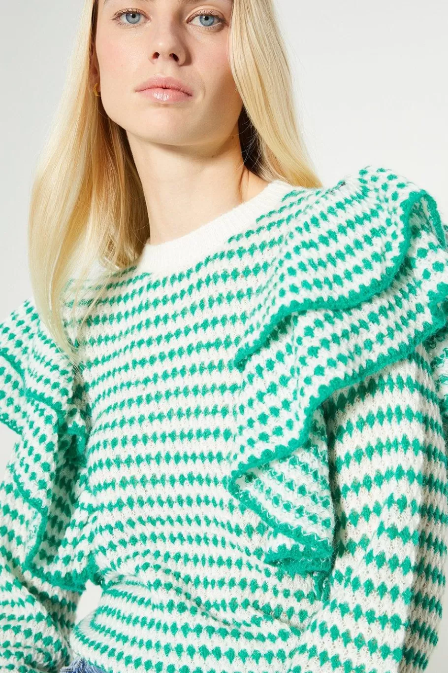 Oasis Rachel Stevens Stripe Ruffle Detail Jumper Green Outlet