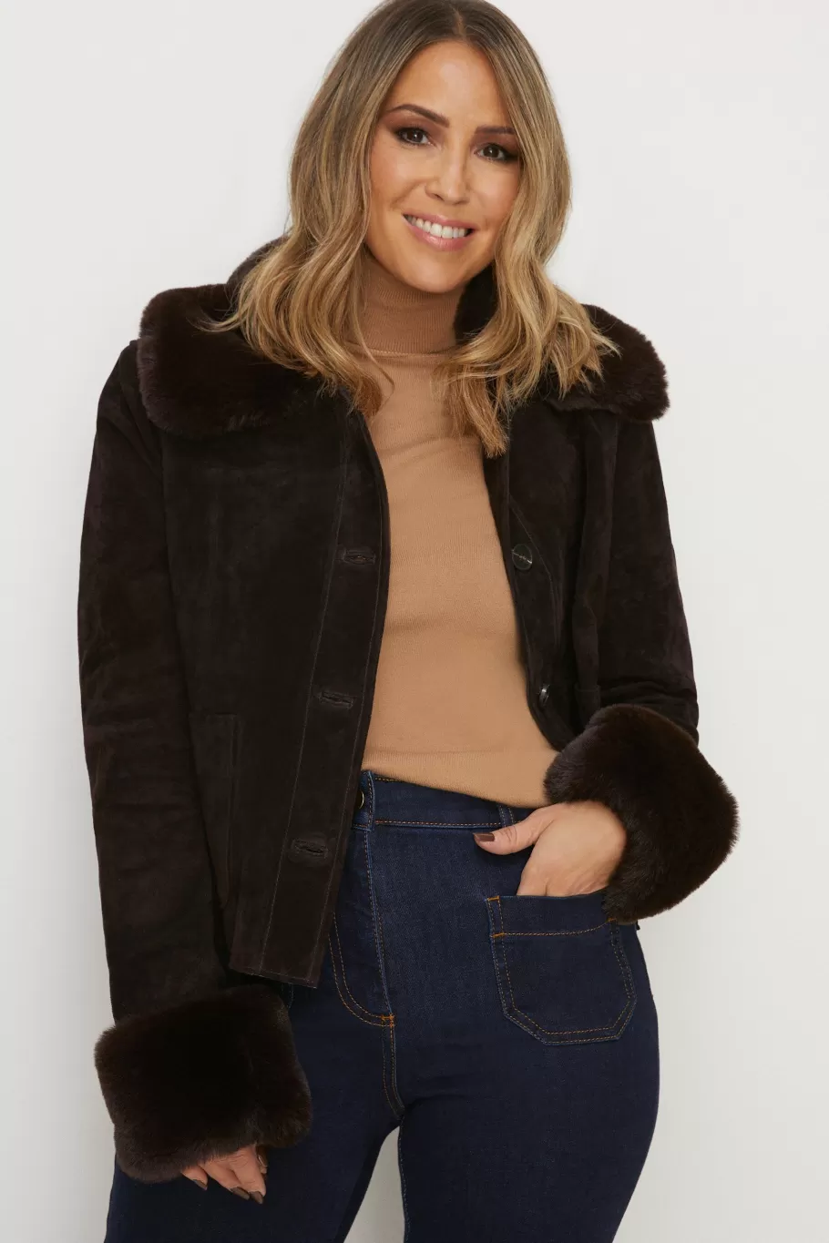 Oasis Rachel Stevens Suede And Faux Fur Cropped Jacket Chocolate Hot