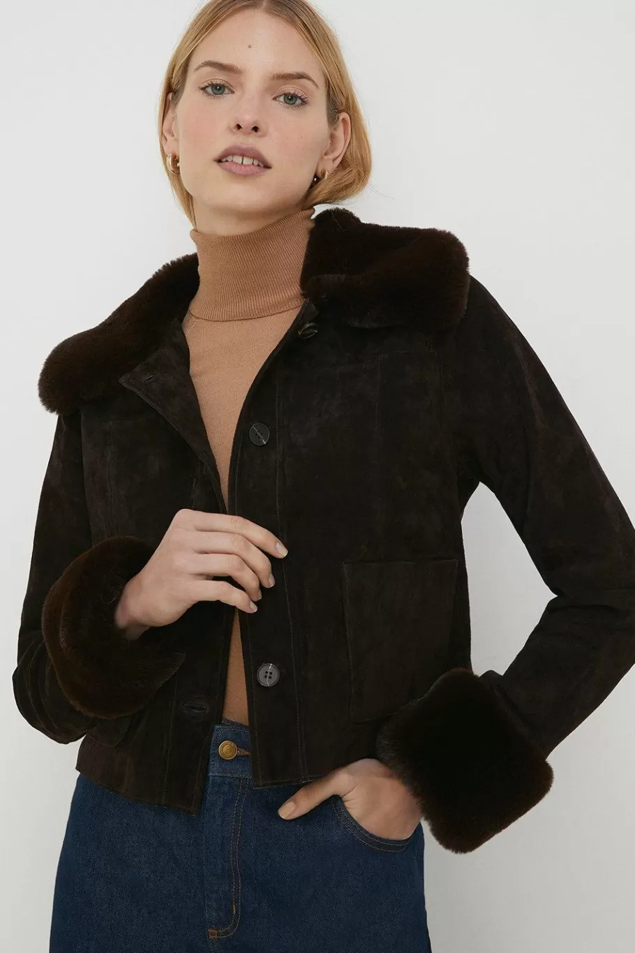 Oasis Rachel Stevens Suede And Faux Fur Cropped Jacket Chocolate Hot