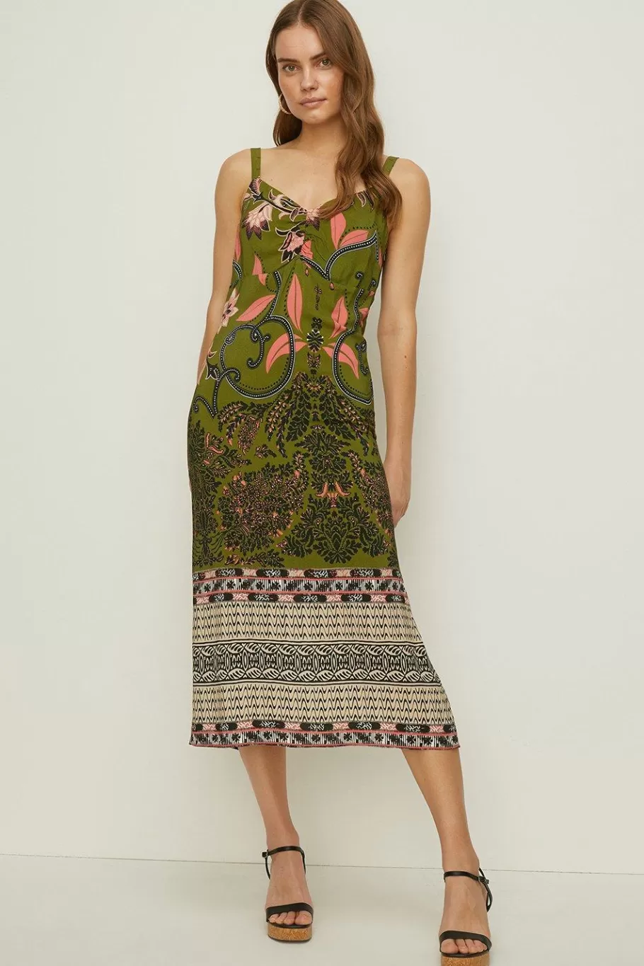 Oasis Rachel Stevens Tribal Border Slip Dress Khaki Cheap