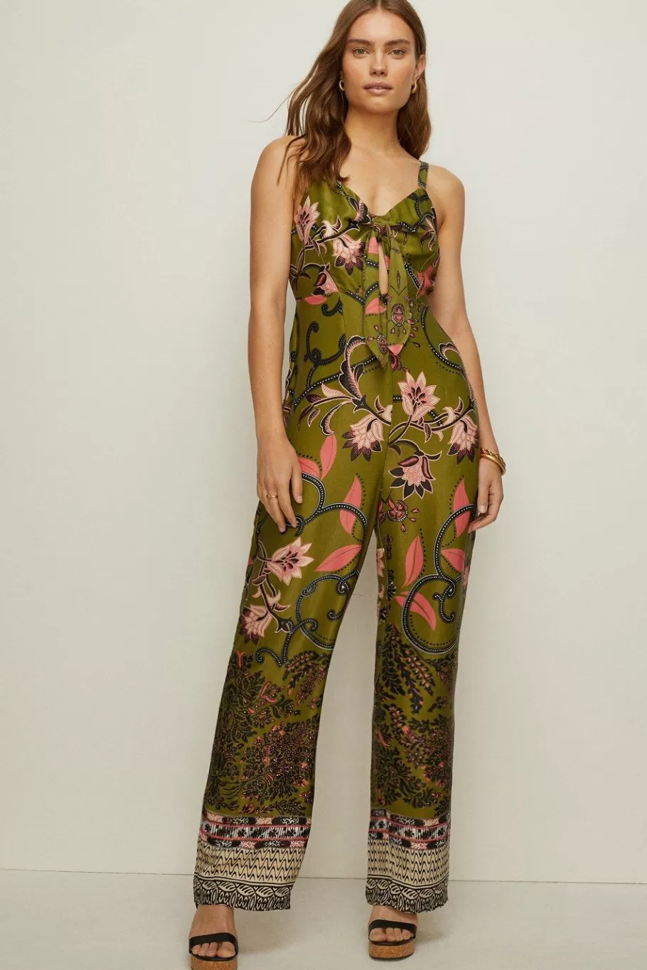 Oasis Rachel Stevens Tribal Border Tie Front Jumpsuit Khaki Hot