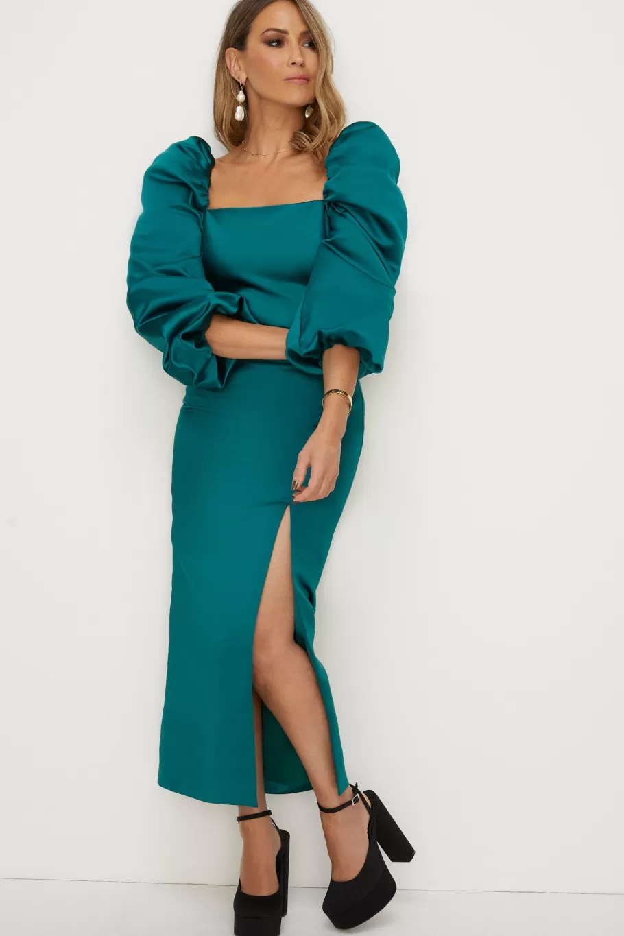 Oasis Rachel Stevens Volume Sleeve Split Midi Dress Emerald Cheap