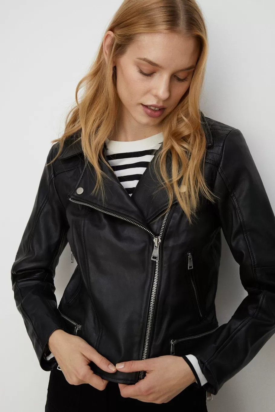 Oasis Real Leather Biker Jacket Black Hot