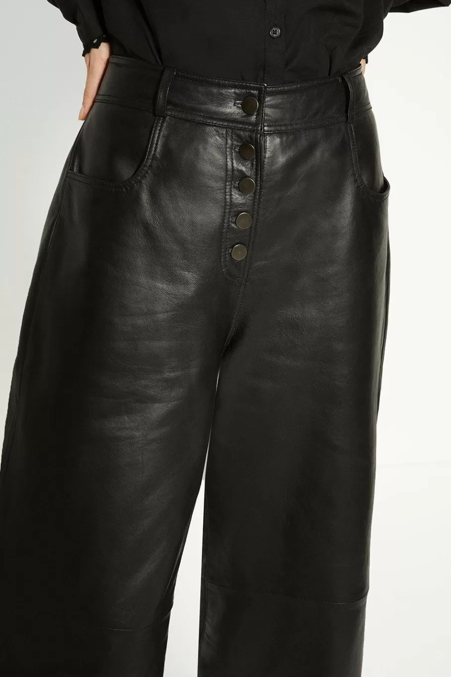 Oasis Real Leather Wide Leg Trouser Black Cheap