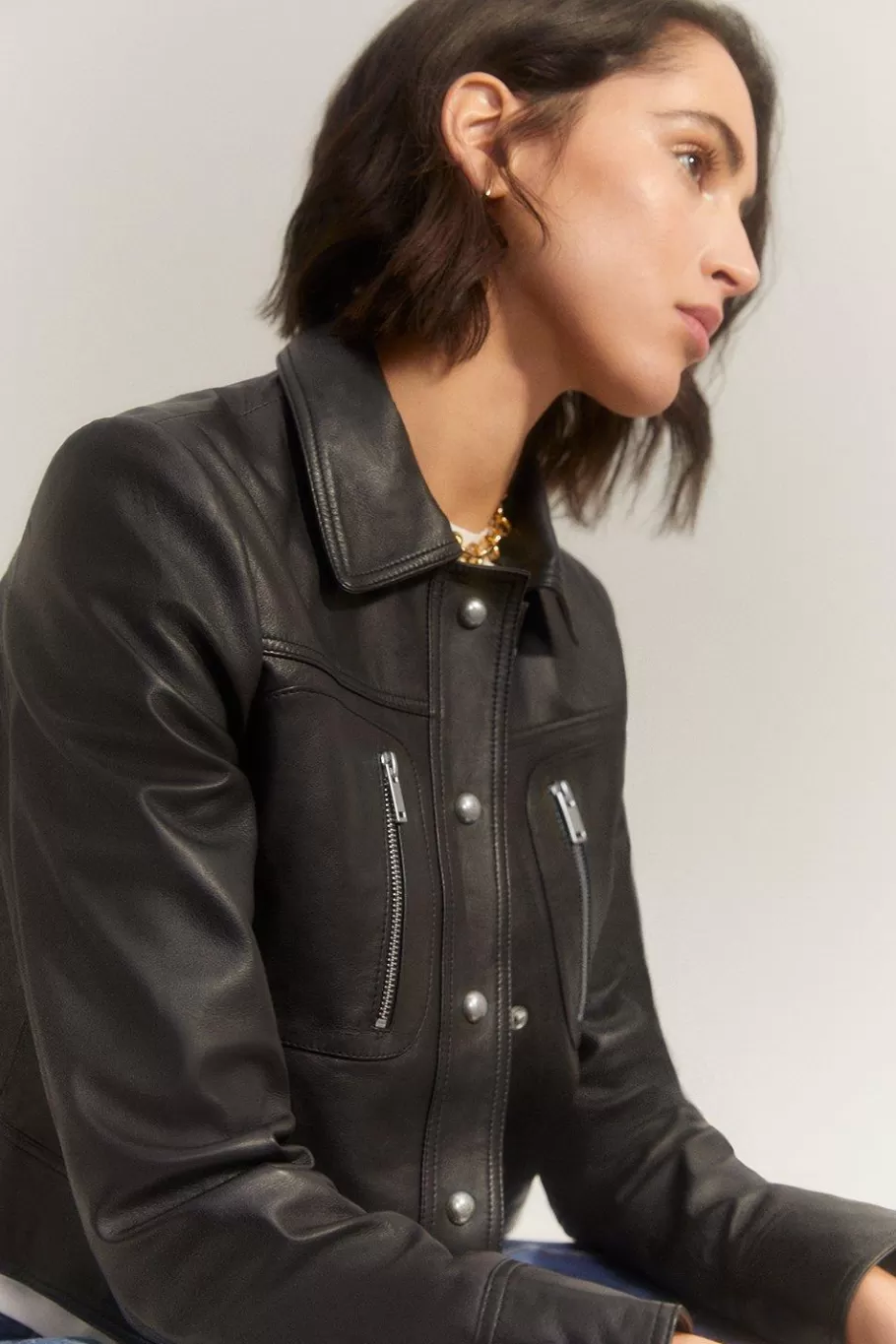 Oasis Real Leather Zip Detail Crop Jacket Black Outlet