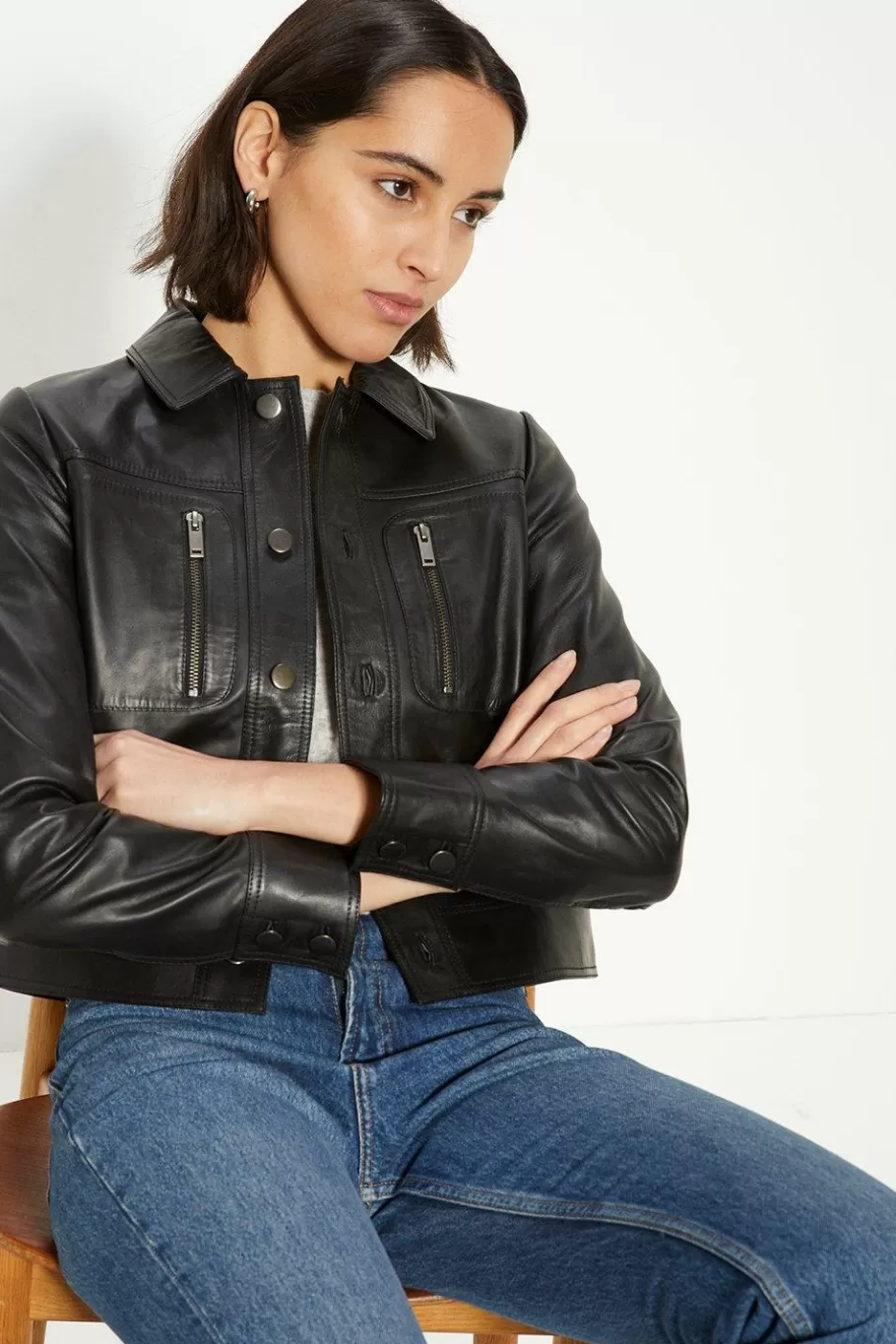 Oasis Real Leather Zip Detail Crop Jacket Black Outlet