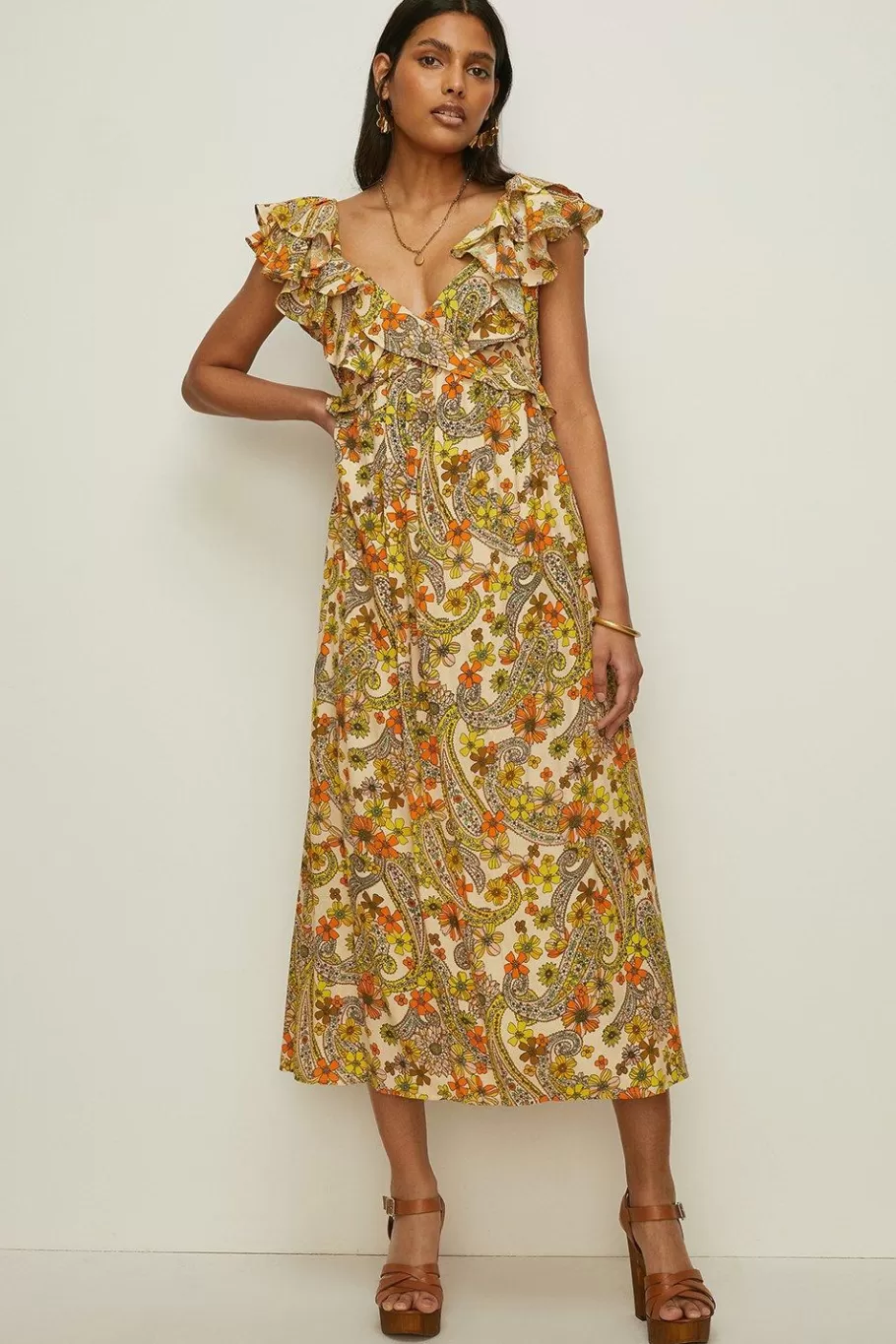 Oasis Retro Print Ruffle V Neck Midi Dress Multi Cheap