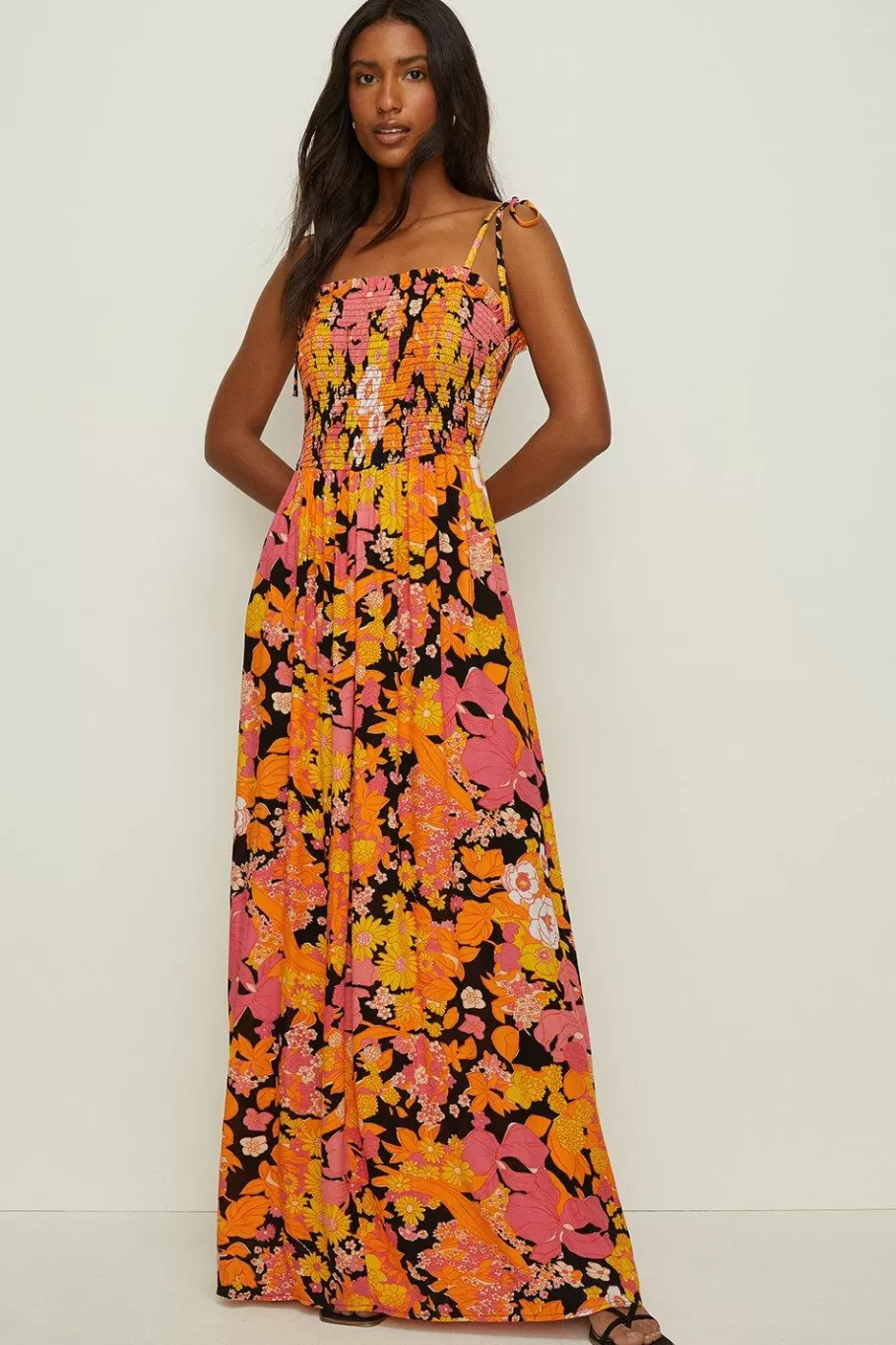 Oasis Retro Shirred Maxi Dress Floral Discount