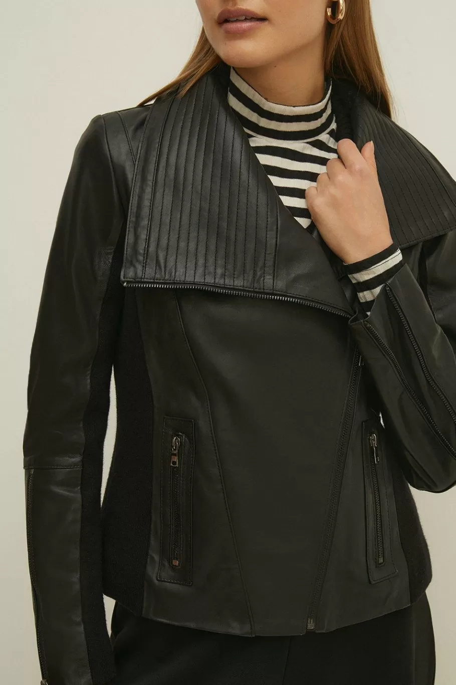 Oasis Rib Detail Leather Biker Jacket Black Flash Sale