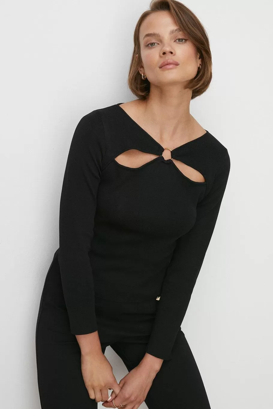 Oasis Ring Detail Cut Out Knit Top Black Shop